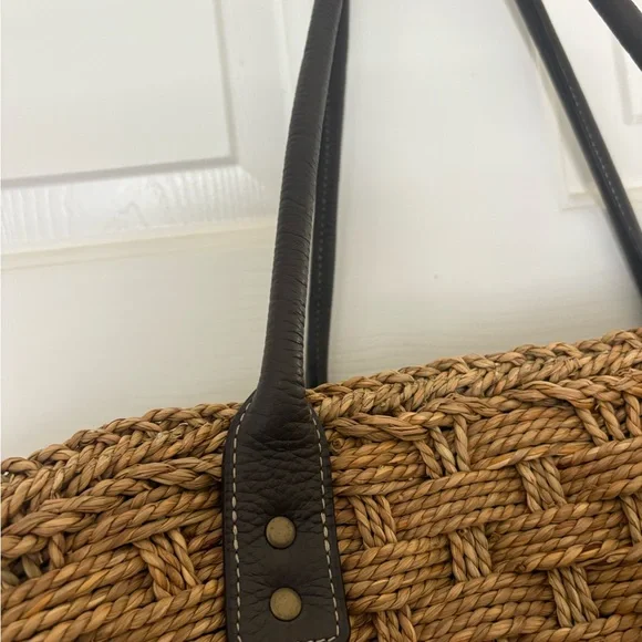 J.Crew Woven Seagrass Tote | Black Leather Handles | Large Beach Vacation Bag - Picture 2 of 6